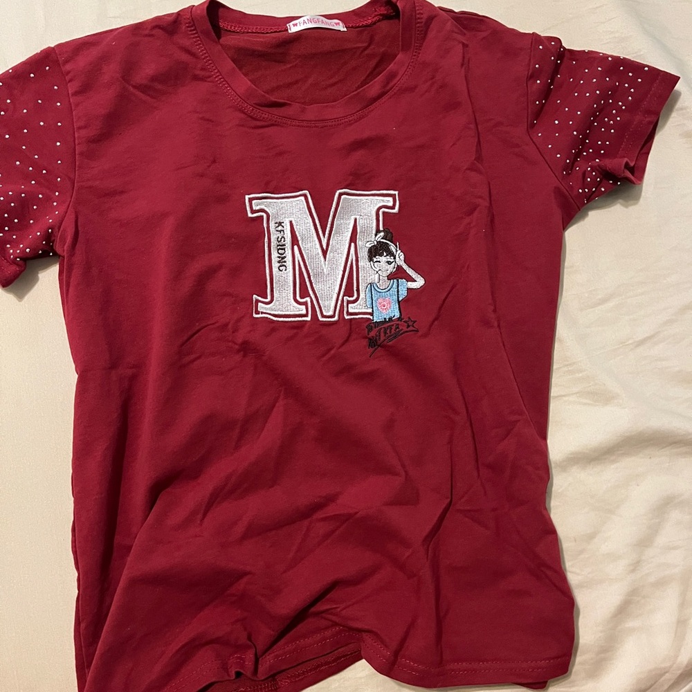 Red Short Sleeve Tee with Gemstone Sleeves